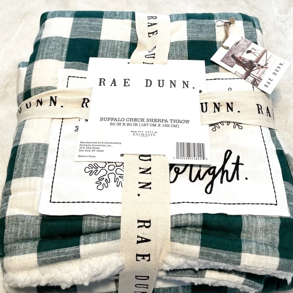 NWT Rae Dunn MAKING SPIRITS BRIGHT Buffalo Check Sherpa Blanket Throw